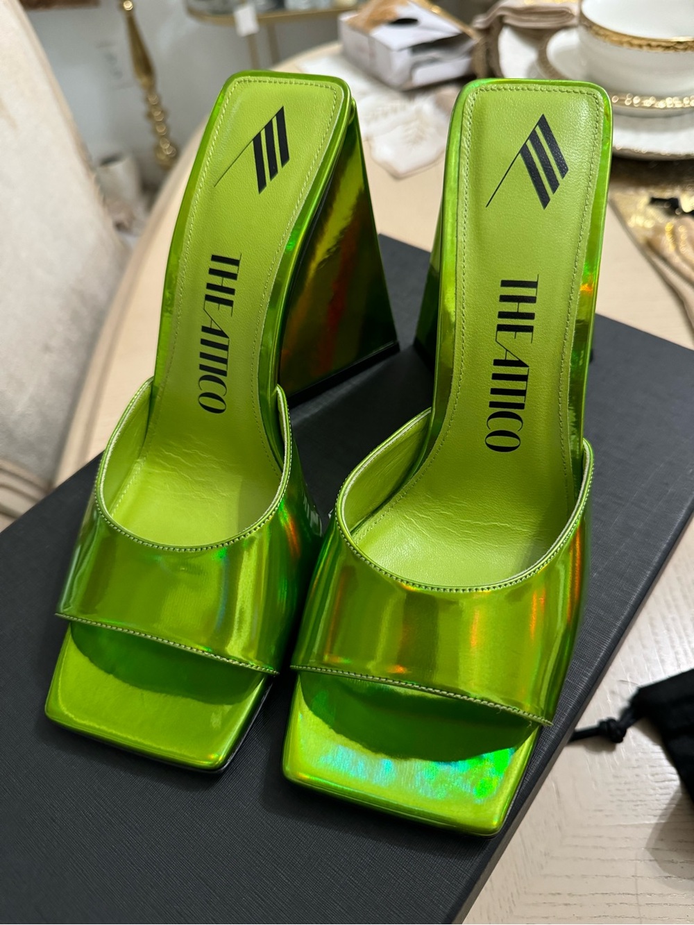 The Attico Neon Green Holographic Block Heel Mules